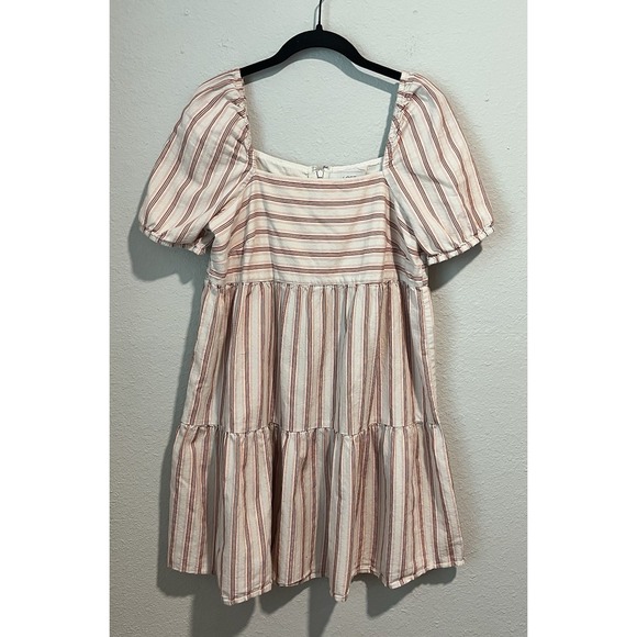 LOFT Dresses & Skirts - LOFT Women's Mini Dress Size 2 Red Pink Striped Puff Sleeve Babydoll Summery